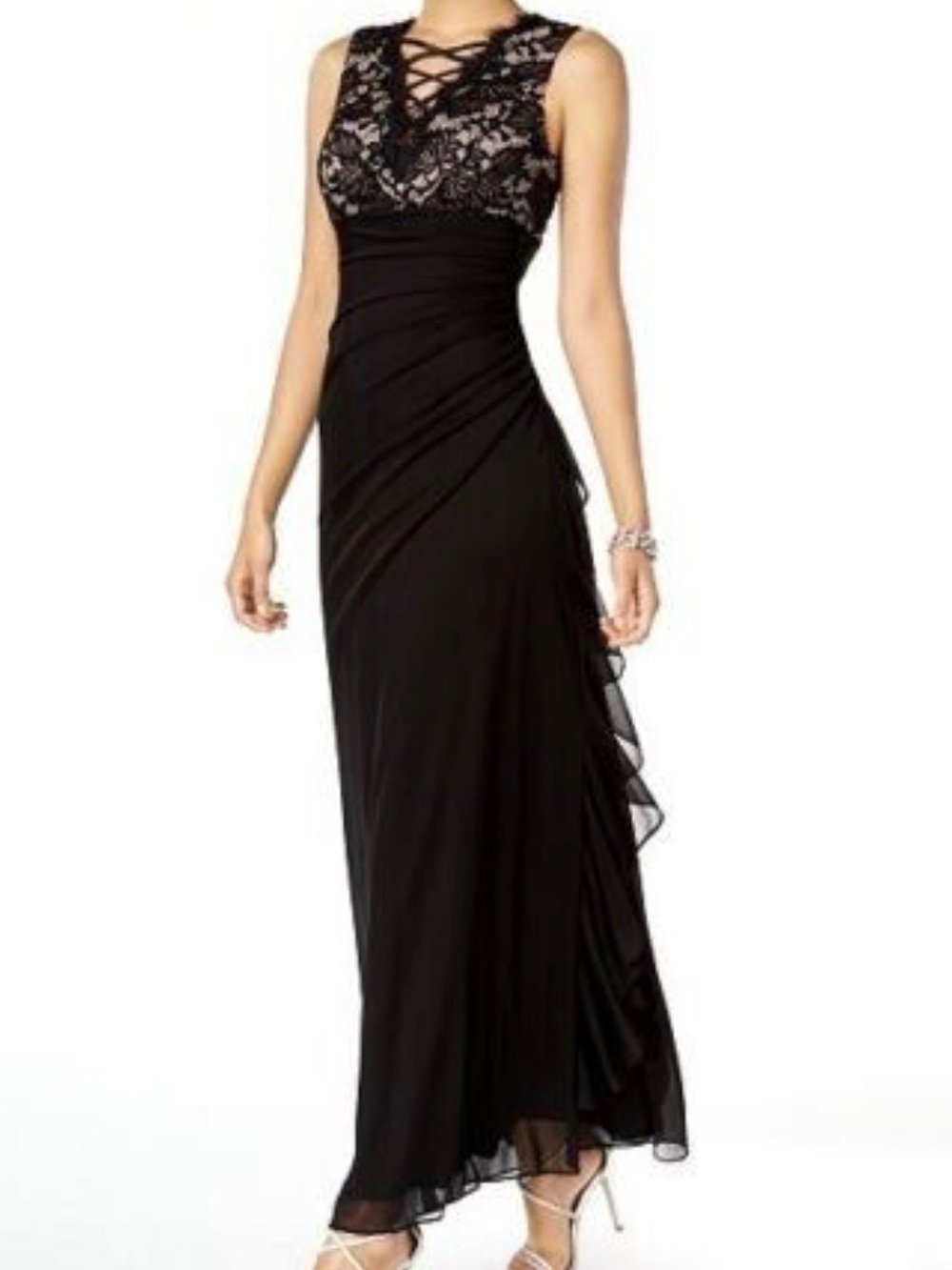 Betsy & Adam Black Lace Ruched Sleeveless Lace-Up Gown Dress 6